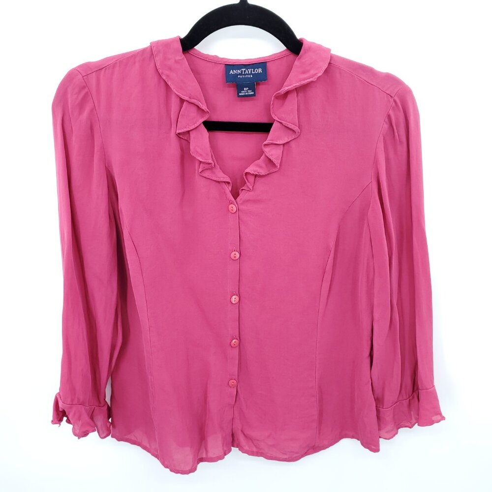 Vintage Y2K Ann Taylor 100% Silk V-Neck Ruffled Button Blouse 8P Pink